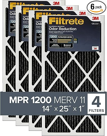 Filtrete 14x25x1 Air Filter, MPR 1200, MERV 11, Allergen Defense Odor Reduction 3-Month Pleated 1-Inch Air Filters, 6 Filters