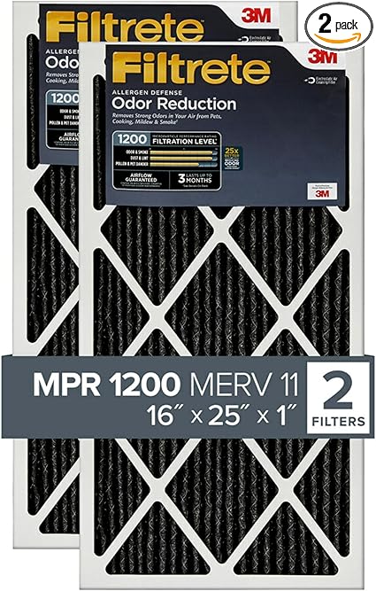 Filtrete 16x25x1 Air Filter, MPR 1200, MERV 11, Allergen Defense Odor Reduction 3-Month Pleated 1-Inch Air Filters, 2 Filters