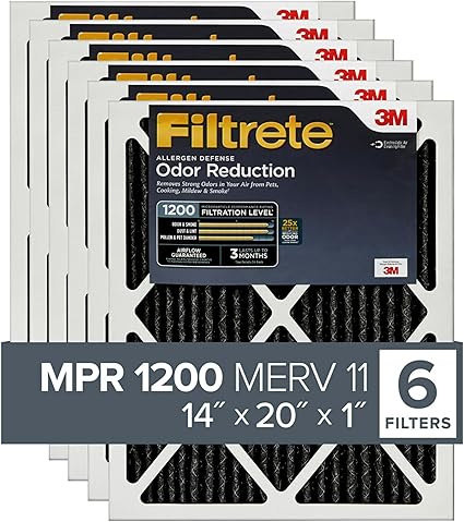 Filtrete 14x20x1 Air Filter, MPR 1200, MERV 11, Allergen Defense Odor Reduction 3-Month Pleated 1-Inch Air Filters, 6 Filters