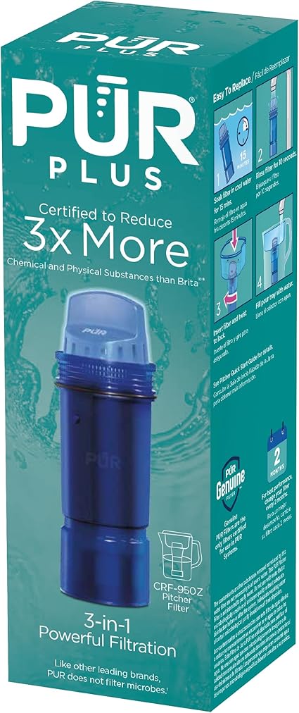 PUR Water Pitcher & Dispenser Replacement Filter 1-Pack, Genuine PUR Filter, 3-in-1 Powerful Filtration for More Chemical & Physical Substance Reduction, Blue (CRF950Z1)