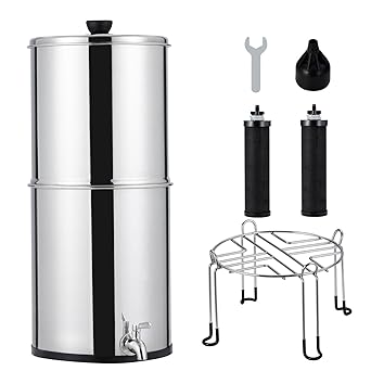 Stainless Steel Gravity Fed Water Filter System, 2.25G Capacity, Includes 2 Filters and Stand, with 2 Black Carbon Filters & Water Level Spigot & Stand, for Home, Camping, Rv, Fishing, Basic System