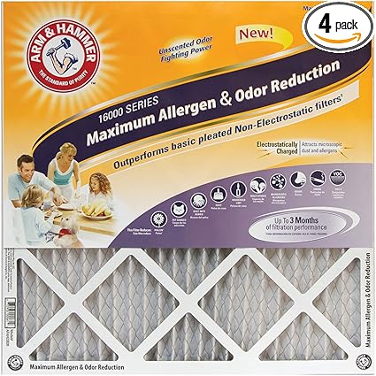 Arm & Hammer Max Allergen & Odor Reduction 18x18x1 Air and Furnace Filter, MERV 11, 4-Pack