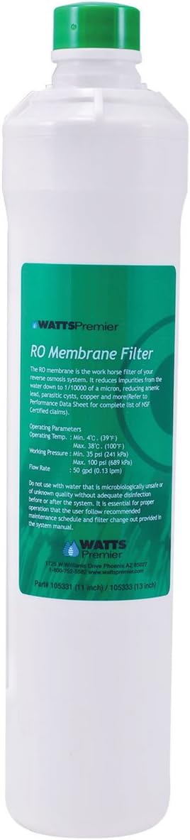 Watts Premier RO Pure 50 GPD Semi-Permeable Membrane Filtration Cartridge for Pure Plus/Zero Pure Plus Reverse Osmosis System, Push Button Water Filter Replacement, Reduces Chlorine & Impurities