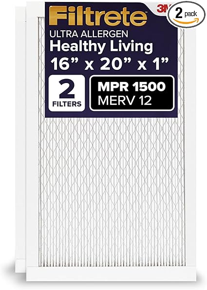 Filtrete 16x20x1 AC Furnace Air Filter, MERV 12, MPR 1500, CERTIFIED asthma & allergy friendly, 3 Month Pleated 1-Inch Electrostatic Air Cleaning Filter, 2-Pack (Actual Size 15.69x19.81x0.78 in)