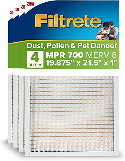 Filtrete 19 7/8X21.5X1 Air Filter, MPR 700, MERV 8, Clean Living Dust, Pollen and Pet Dander Reduction 3-Month Pleated 1-Inch Air Filters, 4 Filters