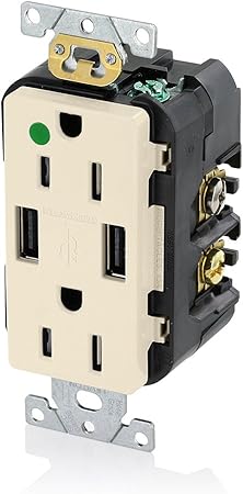 Leviton T5632-HGT 15-Amp Hospital Grade USB Charger/Tamper-Resistant Duplex Receptacle, Lt. Almond