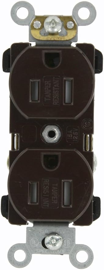 Leviton TBR15 15 Amp, 125 Volt, Narrow Body Duplex Receptacle, Straight Blade, Tamper Resistant, Commercial Grade, Self Grounding, Brown