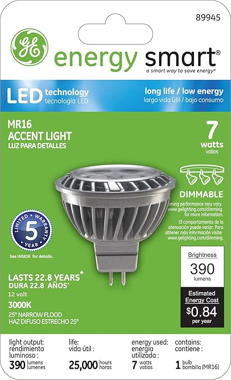 GE Lighting 89945 Energy-Smart LED 7-watt 390-Lumen MR16 Bulb with Medium Base, Warm White, 1-Pack