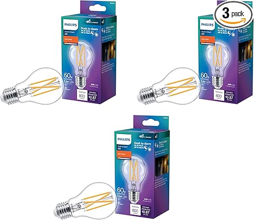 Philips LED A19 Dusk to Dawn LED Light Bulbs - Flicker-Free 60w Light Bulbs with EyeComfort Technology - Soft White Lightbulb - 800 Lumen - E26 Base - 3 Pack