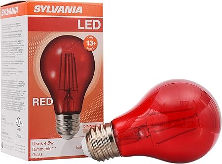 SYLVANIA LED Red Glass Filament A19 Light Bulb, Dimmable, Efficient 4.5W, E26 Medium Base - 1 Pack (70300)