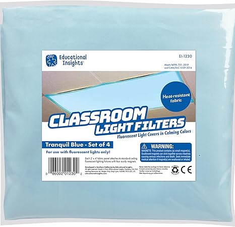 Educational Insights The Original Fluorescent Light Filters: Tranquil Blue 4-Pack, Fluorescent Light Covers, Easy Install for Classrooms, Office, Hospitals & Home, Teacher Classroom Essentials