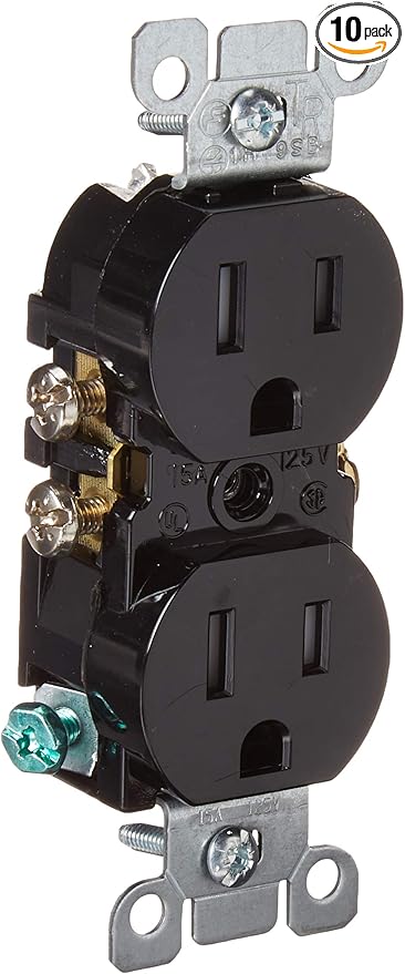 Leviton T5320-E 15 Amp 125V Tamper Resistant, Duplex Receptacle, Residential Grade, Grounding, 10-Pack, Black