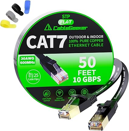 CableGeeker Cat7 Shielded Ethernet Cable 50ft (Highest Speed Cable) Flat Ethernet Patch Cable Support Cat5/Cat6 Network,600Mhz,10Gbps - Black Computer Cord + Free Clips and Straps for Router Xbox