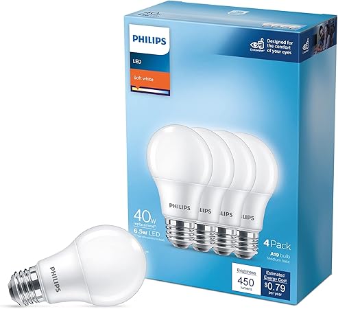 Philips LED Basic Frosted Dimmable A19 Light Bulb- EyeComfort Technology- 450 Lumen- Soft White (2700K)- 6.5W=40W - E26 Base - Indoor (Pack of 4)