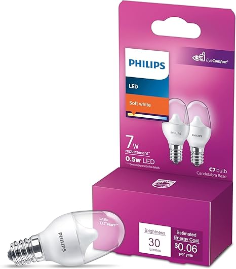 Frosted Flicker-Free C7 Night Light Bulb, Non-Dimmable, EyeComfort Technology, 30 Lumen, Soft White Light (2700K), .05W=7W, E12 Base, (574038) , 2 Count (Pack of 1)