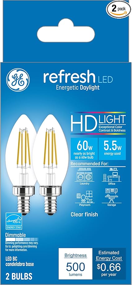 GE Refresh LED Light Bulbs, 60W, Daylight HD Candle Lights, Decorative Light Bulbs, Small Base (8 Pack)