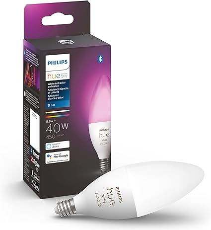 Philips Hue Smart 40W B39 Candle-Shaped LED Bulb - White and Color Ambiance Color-Changing Light - 1 Pack - 450LM - E12 - Control with Hue App - Works with Alexa, Google Assistant and Apple Homekit