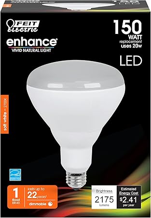 Feit Electric BR40 LED Light Bulb, 150W Equivalent, Dimmable, E26 Base, Reflector Light Bulb, CRI 90, 2175 Lumens, 2700K Soft White, 22-Year Lifetime, BR40DM/2175/927CA