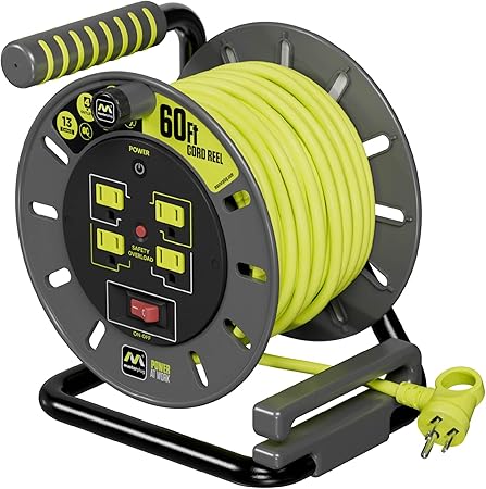 60ft Cord Reel, Retractable Extension Lead with Winding Handle, Safety Overload Circuit Breaker and Power Switch, 4X Grounded Outlets, 13amps, 14AWG Cable