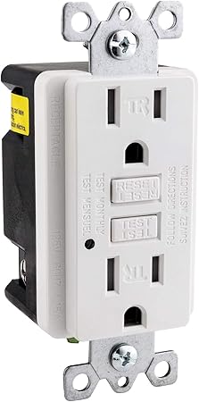 Sunlite 55415 E545 GFCI Duplex Outlet, 20 Amp, 120 VAC, 2 Pole/3 Wire, Tamper Resistant, Matching Wallplate Included, LED Indicator Light, ETL Listed, Self-Testing, White, 1 Pack