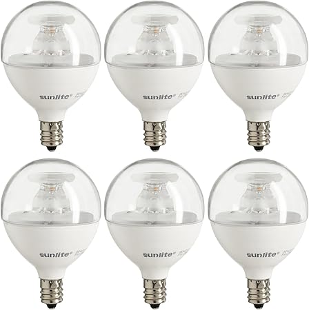 Sunlite G16.5 Light Bulb LED, 7 Watts (60W Equiv.), 500 Lumens, Dimmable, Type G Globe Shape E12 Candelabra Base, Short Bulbs, Vanity Mirror Bulbs, Energy Star Listed, 2700K Soft White, Clear, 6 Count