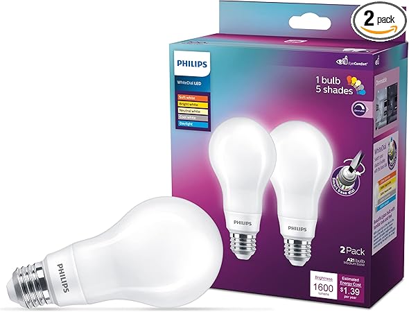 PHILIPS LED White Dial Flicker-Free Frosted Dimmable A21 Light Bulb - EyeComfort Technology - 1600 Lumen - 5 Shades of White - 12W=100W - E26 Base - Indoor - 2-Pack