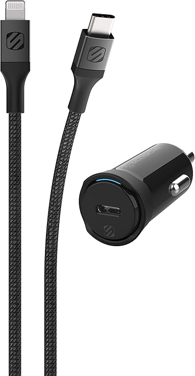 Scosche CPD20Ci4B4 Powervolt 20W USB Type-C PD 3.0 Black Fast Car Charger with MFi Certified USB-C to Lightning Charge & Sync Braided Space Gray 4-ft. Cable