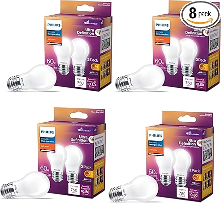 Philips LED A15 Frosted Ultra Definition Dimmable LED Light Bulbs - Flicker-Free 60w Light Bulbs with EyeComfort Technology -Soft White 2700K Lightbulb - 750 Lumen - E26 Base - 8 Pack