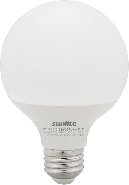 Sunlite 80694 LED G25 Globe Light Bulb, 6 Watts (60W Equivalent), Standard E26 Base, 500 Lumens, Dimmable, Frosted, Energy Star, 90 CRI, Title-20 Compliant, ETL Listed, 3000K Warm White, 1 Pack