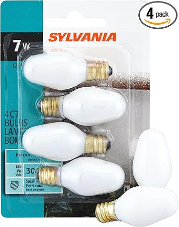 SYLVANIA Incandescent 7W C7 Nightlight Bulb, Dimmable, Candelabra Base, Frosted Finish, 2850K, Warm White - 4 Pack (13544)