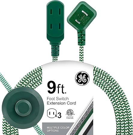 GE Extension Cord Braided with Footswitch 3 Outlet Polarized Extension Cord with Multiple Outlets with On Off Switch Perfect for Work From Home Essentials 9ft Power Cord 16 Gauge UL Listed Green 70416