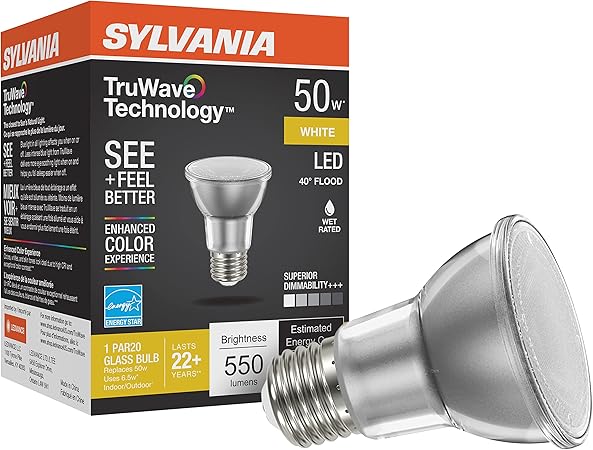 SYLVANIA LED TruWave Natural Series PAR20 Light Bulb, 50W Equivalent, Efficient 6W, Medium Base, Dimmable, 3000K, White - 1 Pack (40920)