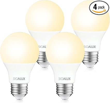 Sigalux LED Light Bulbs 60 Watt Equivalent A19 Standard Light Bulbs 2700K, Non-Dimmable Energy Efficient 9.5W LED Soft White Light Bulb with E26 Medium Base, 800 Lumens, UL Listed, 4 Pack