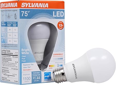 SYLVANIA A19 LED Light Bulb, 12W, 75W Equivalent, Dimmable, 1100 Lumens, 3500K, Bright White - 1 Pack (71190)