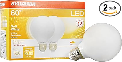 SYLVANIA G25 Globe Décor LED Light Bulb, 60W Equivalent Efficient 5W, 10 Year, Non-Dimmable, 500 Lumens, 2700K, Soft White, Frosted - 2 Pack (40215)