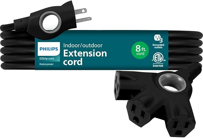 Philips EZGrip Outdoor Extension Cord with Multiple Outlets, Grounded 3 Prong Extension Cord, Short Extension Cord with Multiple Outlets, Heavy Duty Extension Cord, 8 Ft, 16 AWG, Black, SPC3083EZ/37