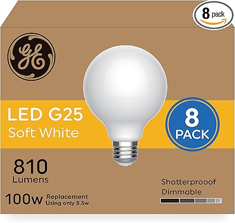 GE Ultra Bright LED Light Bulbs, 100 Watt Equivalent, Soft White, Frosted G25 Globe Bulbs (8 Pack)