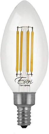 Euri Lighting VB10-3000cec-4, 4-Pack Dimmable LED B10 Filament, 5.5W (50W Equiv) 500lm, 90+ CRI, Soft White (3000K) E12, 120V, Wet Rated, JA8, CA Compliant 3YR 15K HR WTY