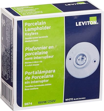 Leviton 9874 Porcelain Outlet Box Mount, Incandescent Ceiling Lampholder, Keyless, White, 3-3/4