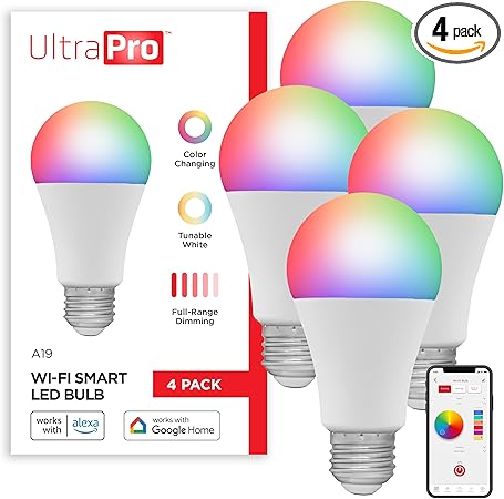 UltraPro Wi-Fi LED Smart Light Bulb, A19, 60W Equivalent, RGB, Color Changing, White Select Tunable 2700K - 6500K, Dimmable, 2.4GHz Router Required, Circadian Rhythm, Easy-to-Use App, 4 Pack, 51454