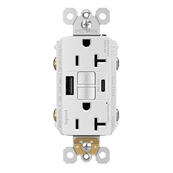 Legrand Radiant 2097TRUSBACW 15 Amp GFCI Self Test Tamper Resistant Decorator Duplex Outlet with USB Type A and C, White (1 Count)