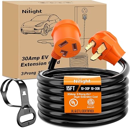 Nilight 15FT EV Dryer Extension Cord 3 Prong 30 Amp NEMA 10-30P 10-30R Old Dryer Extension Cable Heavy Duty 10 Gauge Pure Copper Wire UL Listed 125/250V for Level 2 EV Charging.