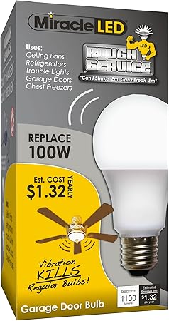 Miracle LED Rough Service 100W Replacement LED Garage Door Bulb, Vibration Resistant Light for Openers, Ceiling Fans and Trouble Lights, Daylight Bright White