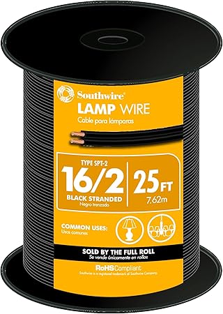 Woods Southwire 55681821 25-Feet 16-Gauge 2 Conductor 16/2 Type SPT-2 Lamp Service Parallel Cord with Thermoplastic Insulation, Black