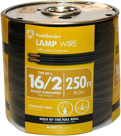 Southwire 55681844 250-Feet 16-Gauge; 2 Conductor 16/2 Type SPT-2 Lamp Cord-Service Parallel Cord with Thermoplastic Insulation; Black