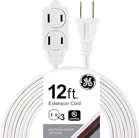 GE 3-Outlet Extension Cord with Multiple Outlets 12 Ft Extension Cord Power Strip 2 Prong 16 Gauge Twist-to-Close Safety Outlet Covers Outdoor Extension Cord Outlet Extender UL Listed White 51954