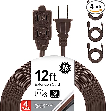 GE 3-Outlet Extension Cord with Multiple Outlets 12 Ft Extension Cord Power Strip 4 Pack 16 Gauge Twist-to-Close Safety Outlet Covers Outdoor Extension Cord Outlet Extender UL Listed Brown 50413