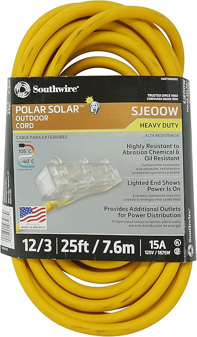 34870002 3487SW0002 25ft 12/3 SJEOOW Polar/Solar Three-Way Power Block, 25 ft, Yellow