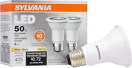 SYLVANIA LED PAR20 Flood Light Bulb, 50W = 6W, 10 Year, Non-Dimmable, 425 Lumens, 3000K, Warm White – 2 Pack (79279)