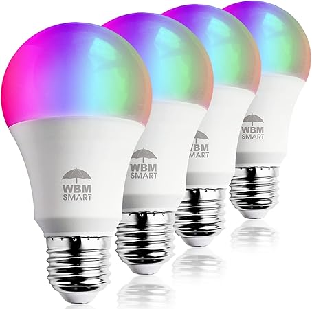 LED Color Changing Lights, Compatible with Alexa & Google Assistant, RGBW 2700K-6500K, 60 Watt Equivalent Multicolor, Dimmable with App, A19 E26, No Hub Required, 2.4GHz WiFi Only, 4 Counts